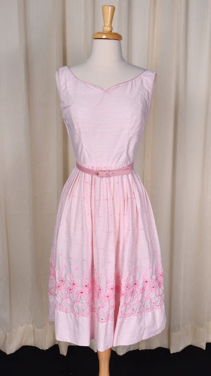 1950s Pink Eyelet Border Striped Gilden Sun Dress