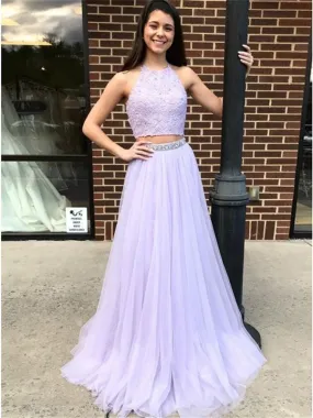 2 Pieces Lace Tulle Prom Dresses, Beaded Prom Dresses, Lilac Prom Dresses, Prom Dresses, BG0392