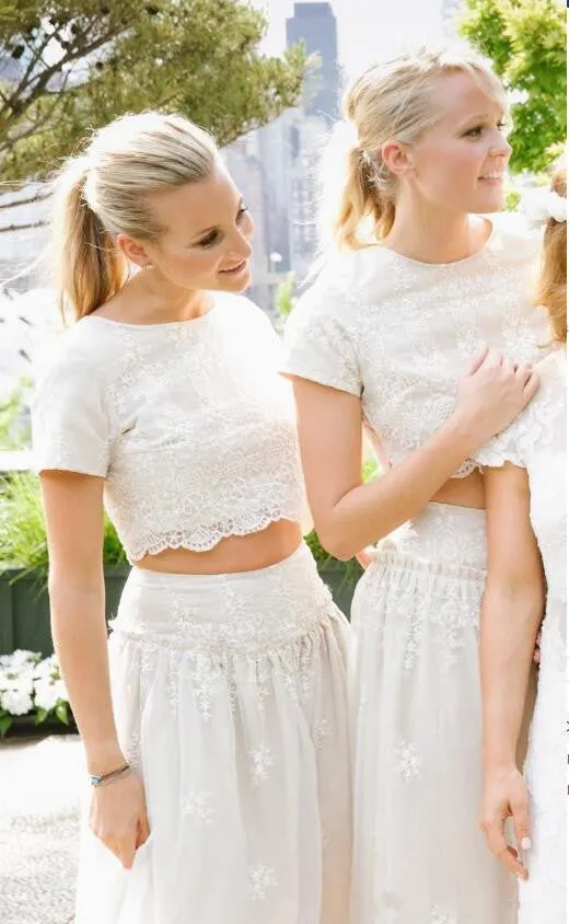 2 Pieces Short Sleeves Lace Pretty Long Wedding Bridesmaid Dresses, WG396