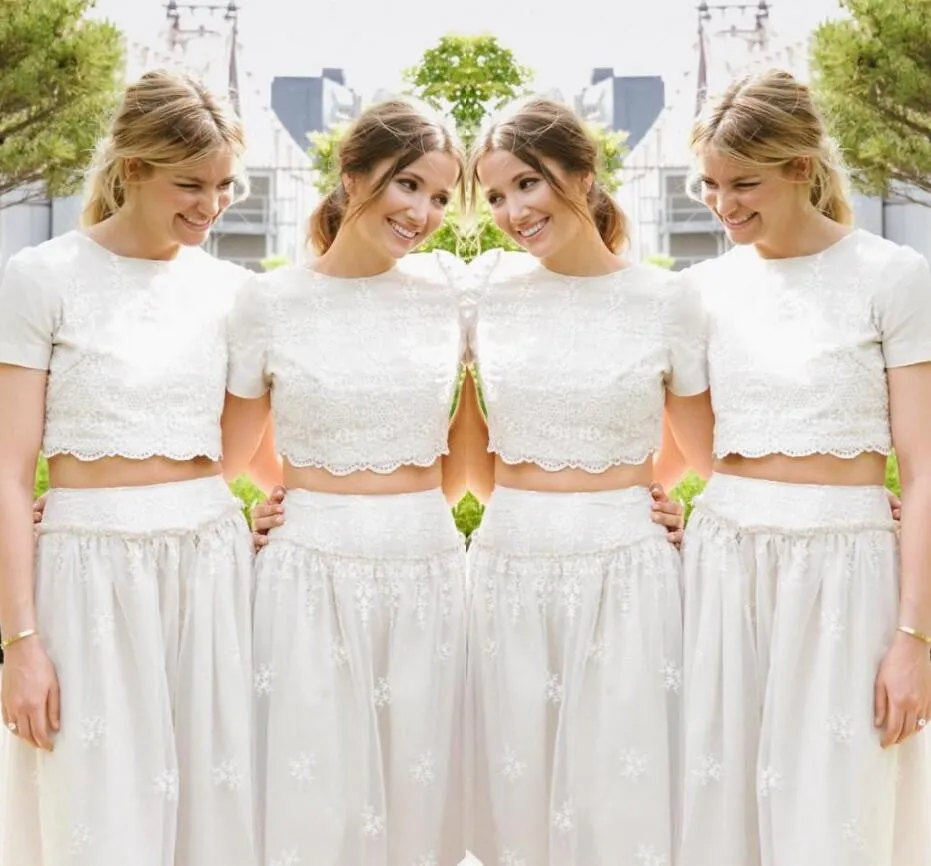 2 Pieces Short Sleeves Lace Pretty Long Wedding Bridesmaid Dresses, WG396