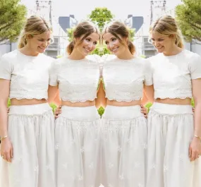 2 Pieces Short Sleeves Lace Pretty Long Wedding Bridesmaid Dresses, WG396