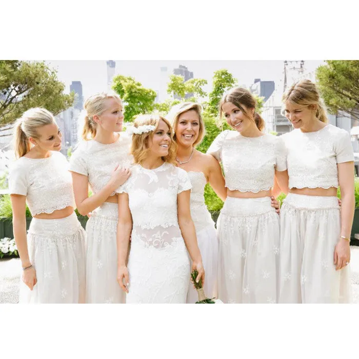 2 Pieces Short Sleeves Lace Pretty Long Wedding Bridesmaid Dresses, WG396