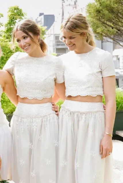 2 Pieces Short Sleeves Lace Pretty Long Wedding Bridesmaid Dresses, WG396