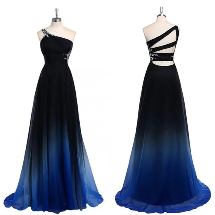 A line Chiffon One Shoulder Prom Dresses Long Ombre Evening Dresses