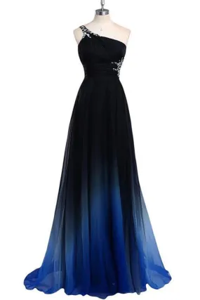 A line Chiffon One Shoulder Prom Dresses Long Ombre Evening Dresses