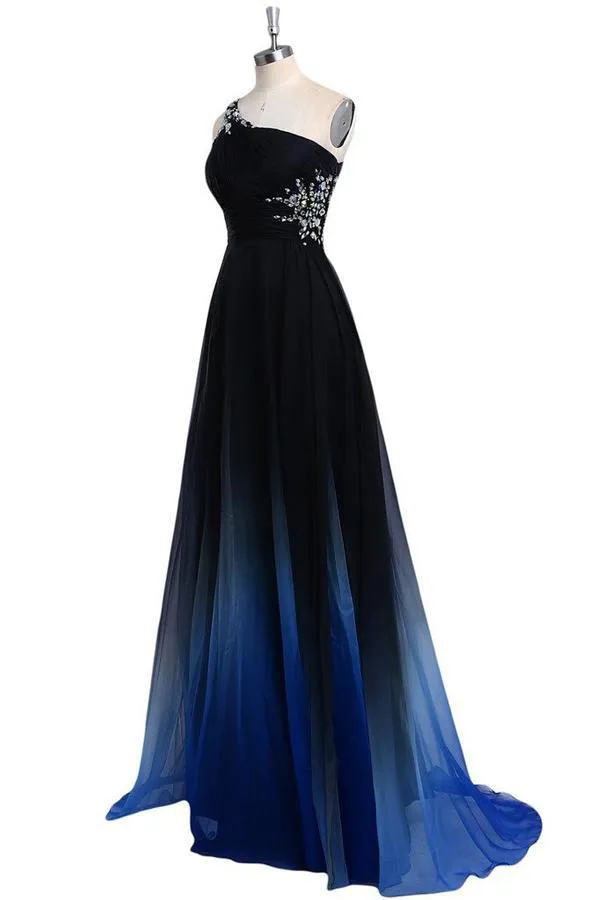 A line Chiffon One Shoulder Prom Dresses Long Ombre Evening Dresses