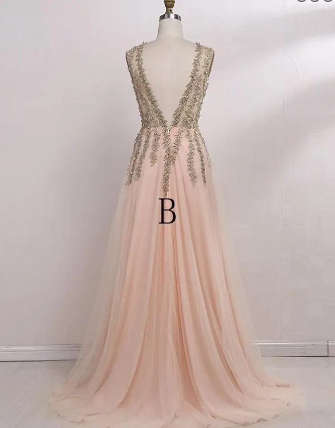 A-Line Deep V-Neck Sleeveless  Beaded Pink Tulle Prom Dress,Cheap Prom Dress,PDY0391