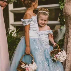 A-Line off-the-Shoulder Blue Tulle Flower Girl Dress ,Cheap Flower Girl Dresses ,FGY0229