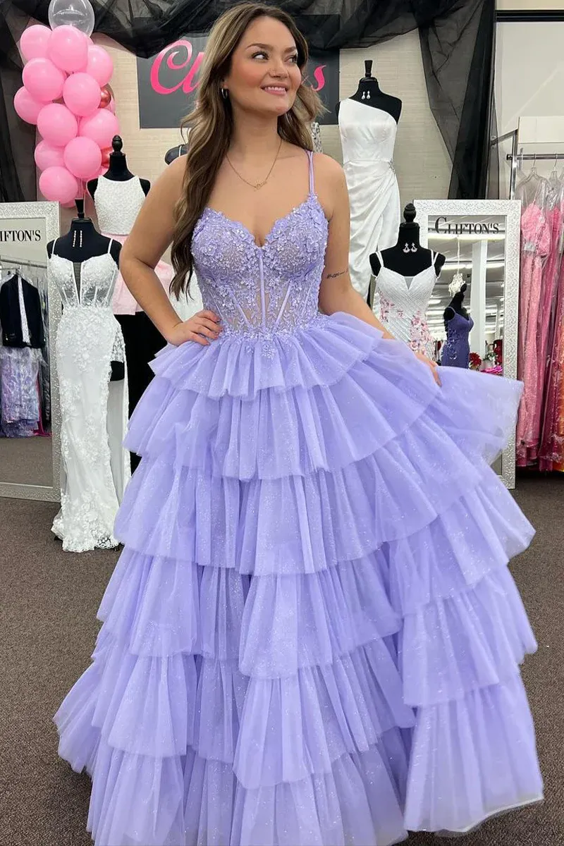 A-Line Ruffle Tiered Tulle Long Prom Dresses with Appliques,BD93318