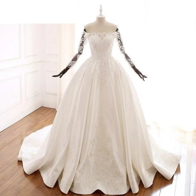 A Line Satin Boat Neck Wedding Dress with Off Shoulder and Long Sleeves