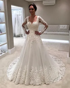 A-line Square Neckline Long Sleeves Lace Wedding Dresses