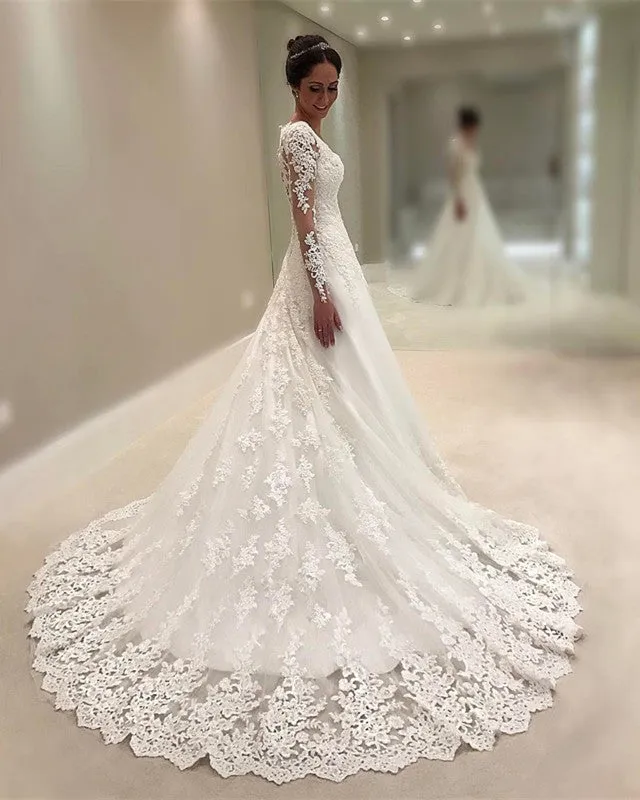 A-line Square Neckline Long Sleeves Lace Wedding Dresses