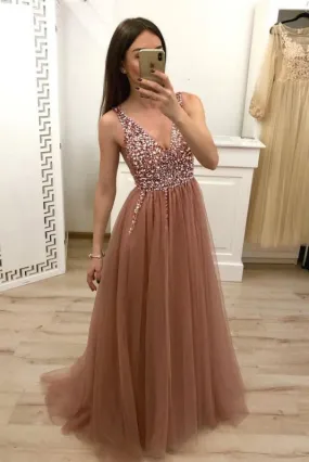 A Line Tulle Beading Dress with Rhinestones Cheap Sleeveless Long Prom Dresses