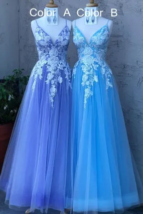 A-line Tulle Prom Dresses Long with Appliques and Beading KD0133