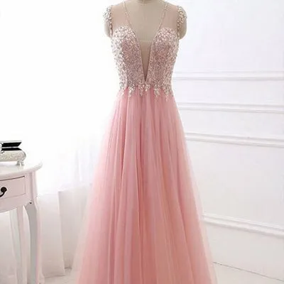 A-Line V-Neck Cap Sleeve Pink Tulle Prom Dress With Sequins,Cheap Prom Dresses, PDY0225