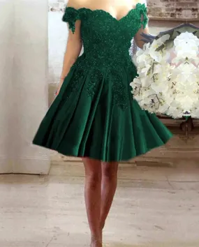 A-line V-neck Off Shoulder Lace Flower Beaded Prom Short Dresses For Homecoming