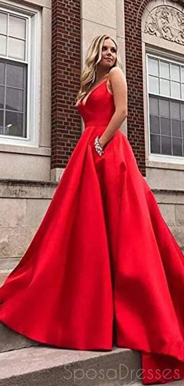 A-line V Neck Spaghetti Straps Long Prom Dresses, Sweet 16 Prom Dresses, 12455