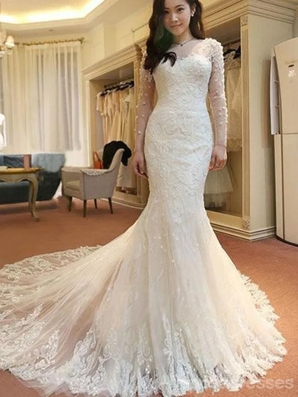 Affordable Custom Made Mermaid Long Sleeve Lace Wedding Dresses, WD0092