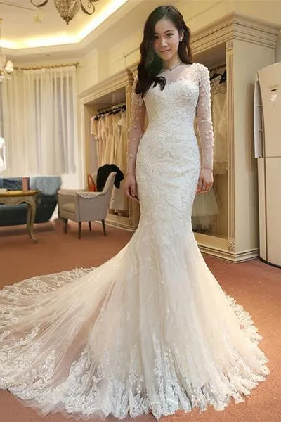 Affordable Custom Made Mermaid Long Sleeve Lace Wedding Dresses, WD0092