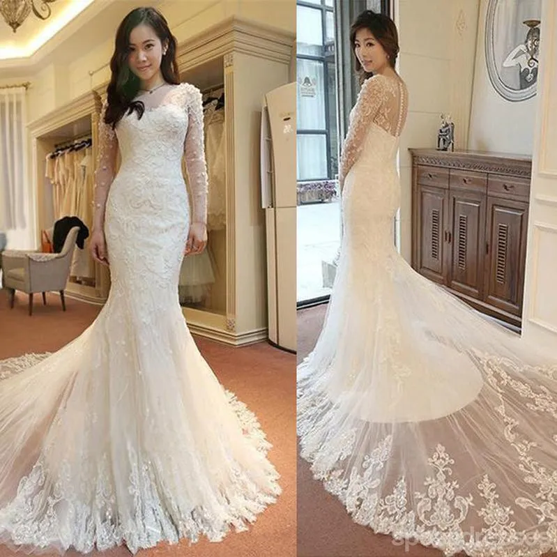 Affordable Custom Made Mermaid Long Sleeve Lace Wedding Dresses, WD0092