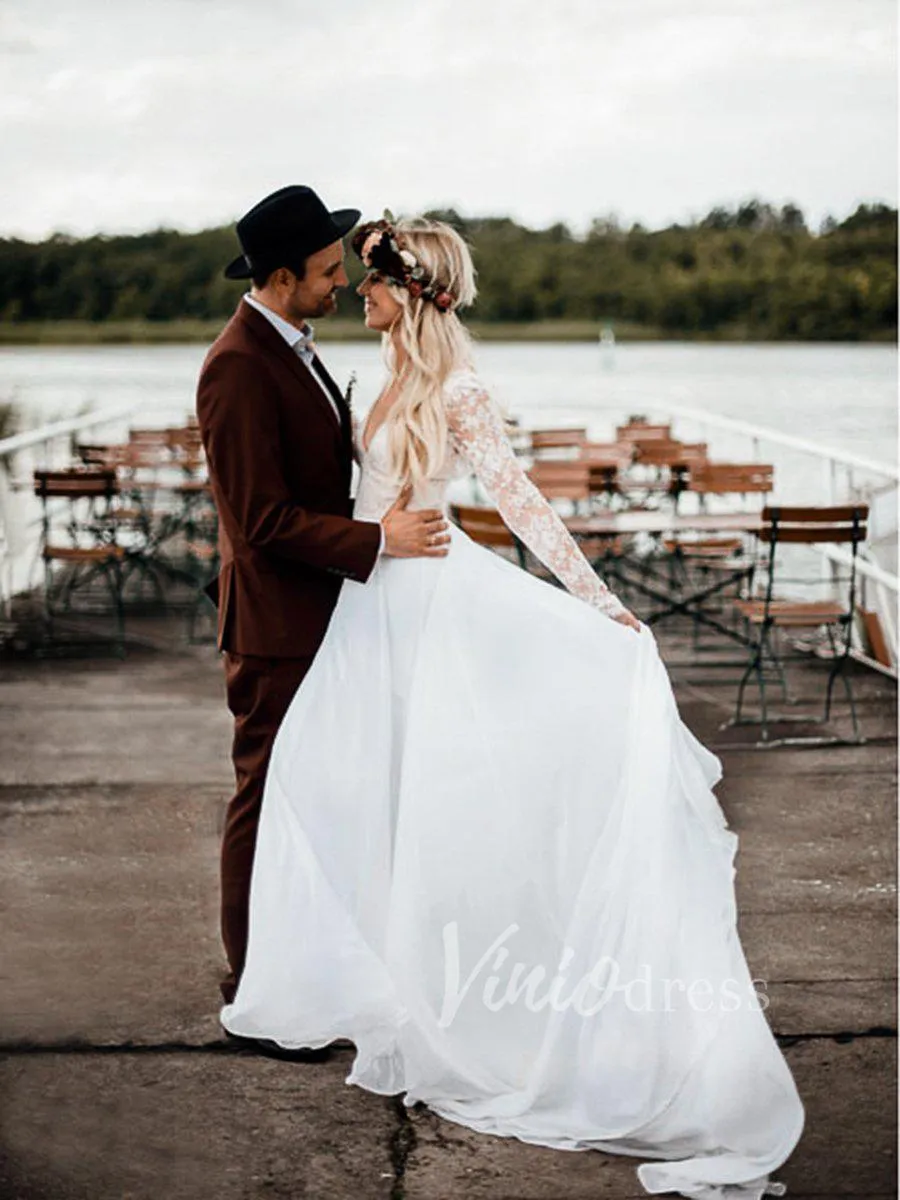 Affordable Long Sleeve Boho Wedding Dresses with Lace Bodice VW1217