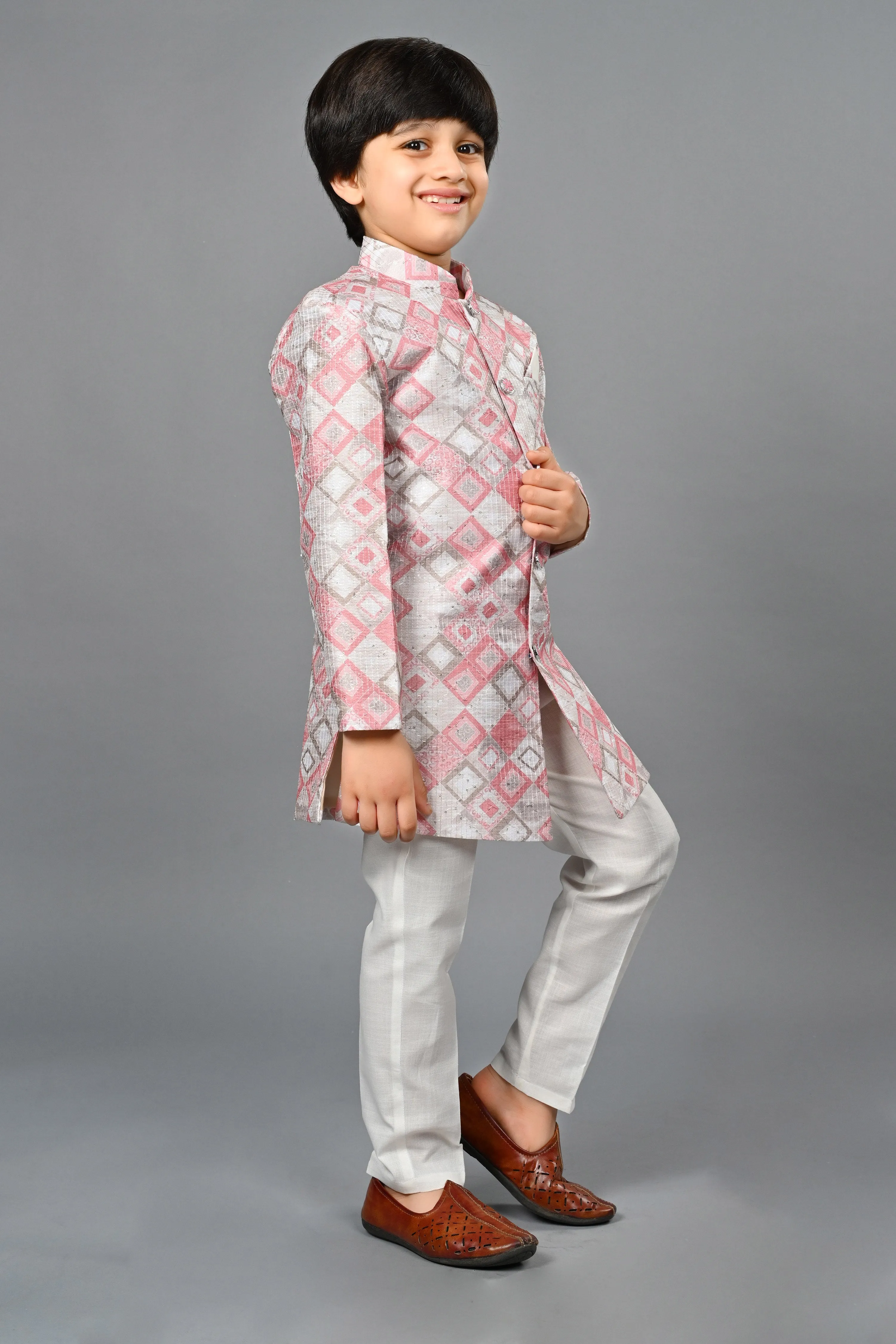 Ahhaaaa Kids Ethnic Silk Blend Indo-Western Sherwani Set For Boys