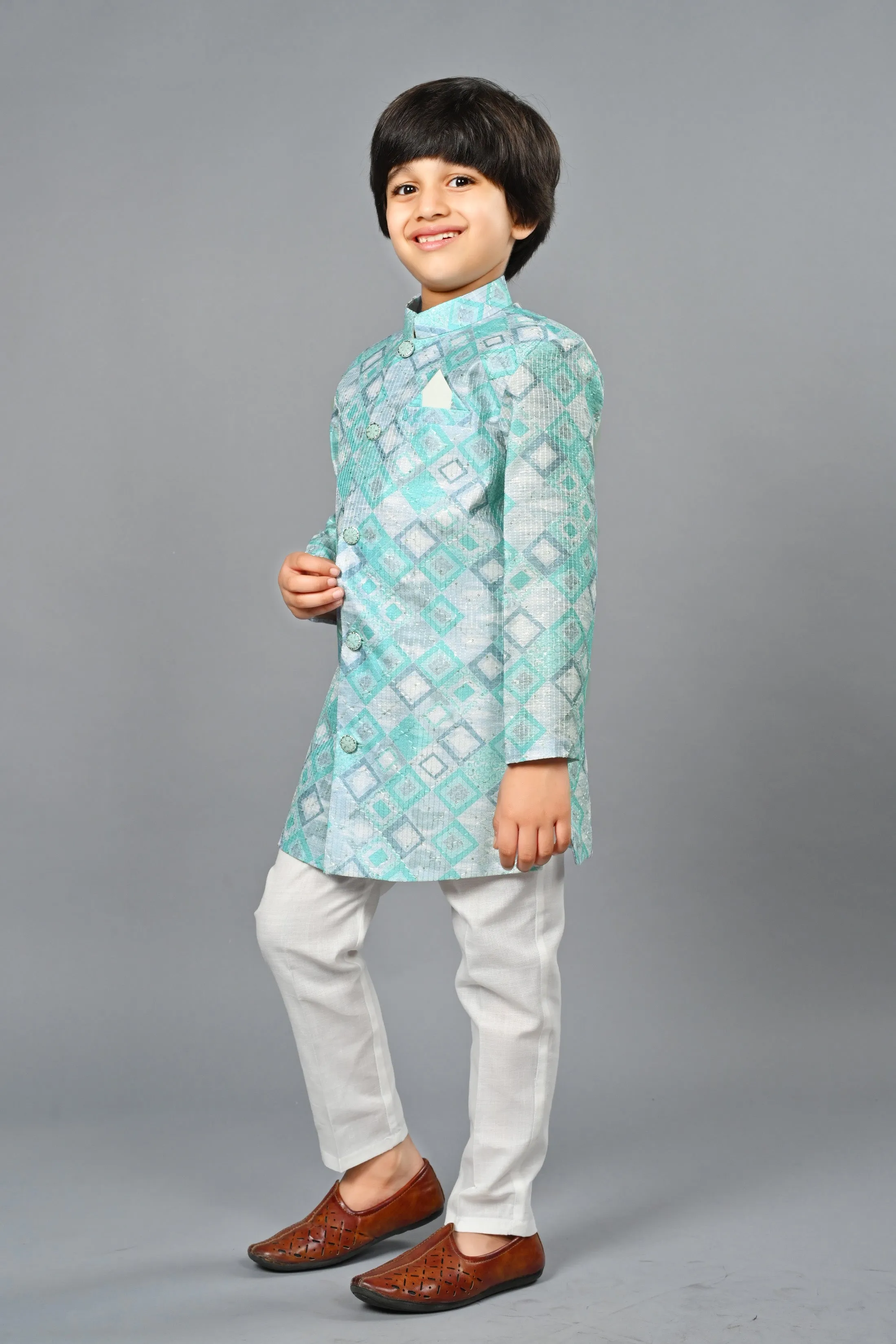 Ahhaaaa Kids Ethnic Silk Blend Indo-Western Sherwani Set For Boys