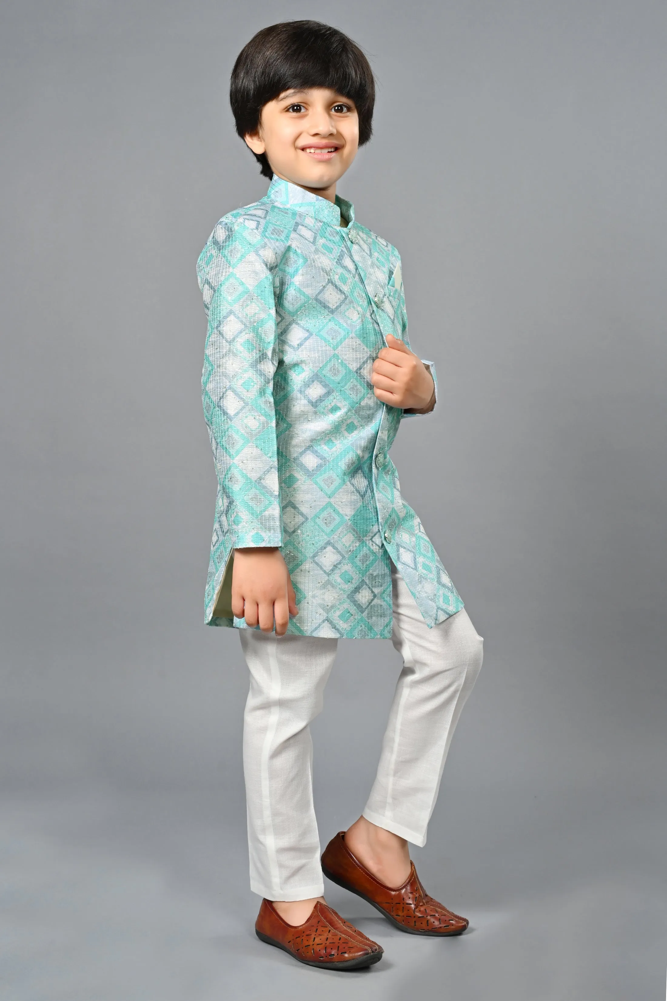 Ahhaaaa Kids Ethnic Silk Blend Indo-Western Sherwani Set For Boys