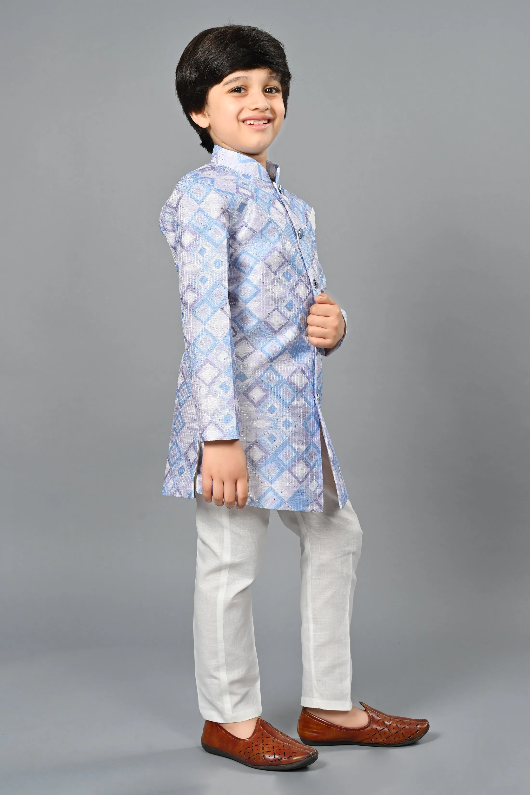 Ahhaaaa Kids Ethnic Silk Blend Indo-Western Sherwani Set For Boys