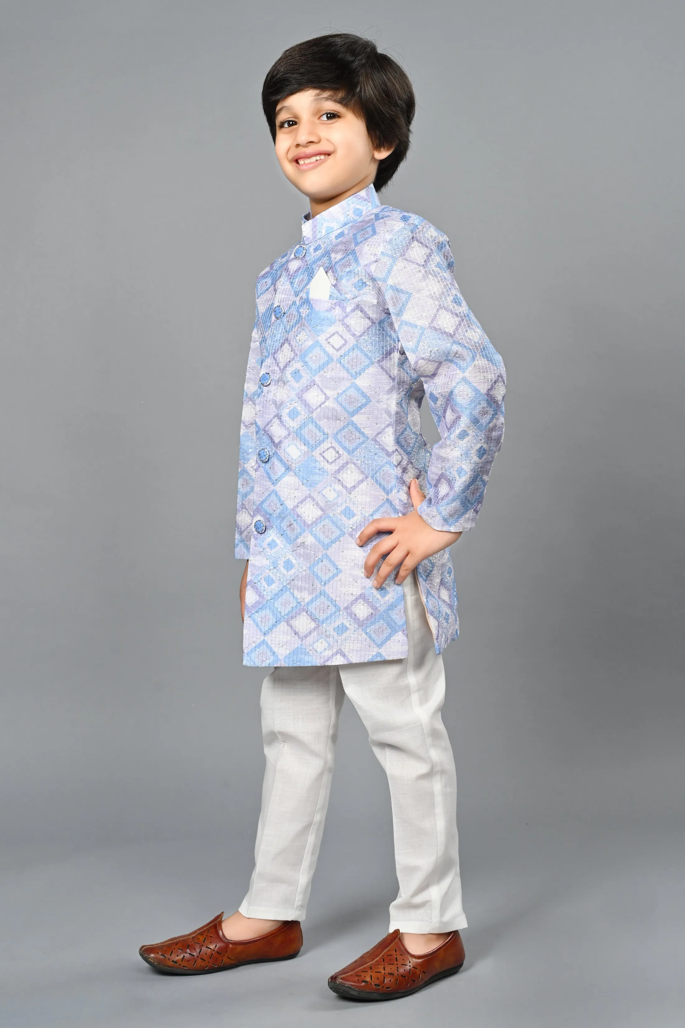 Ahhaaaa Kids Ethnic Silk Blend Indo-Western Sherwani Set For Boys