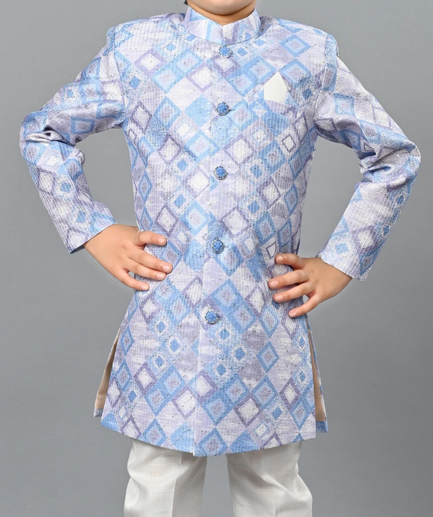 Ahhaaaa Kids Ethnic Silk Blend Indo-Western Sherwani Set For Boys