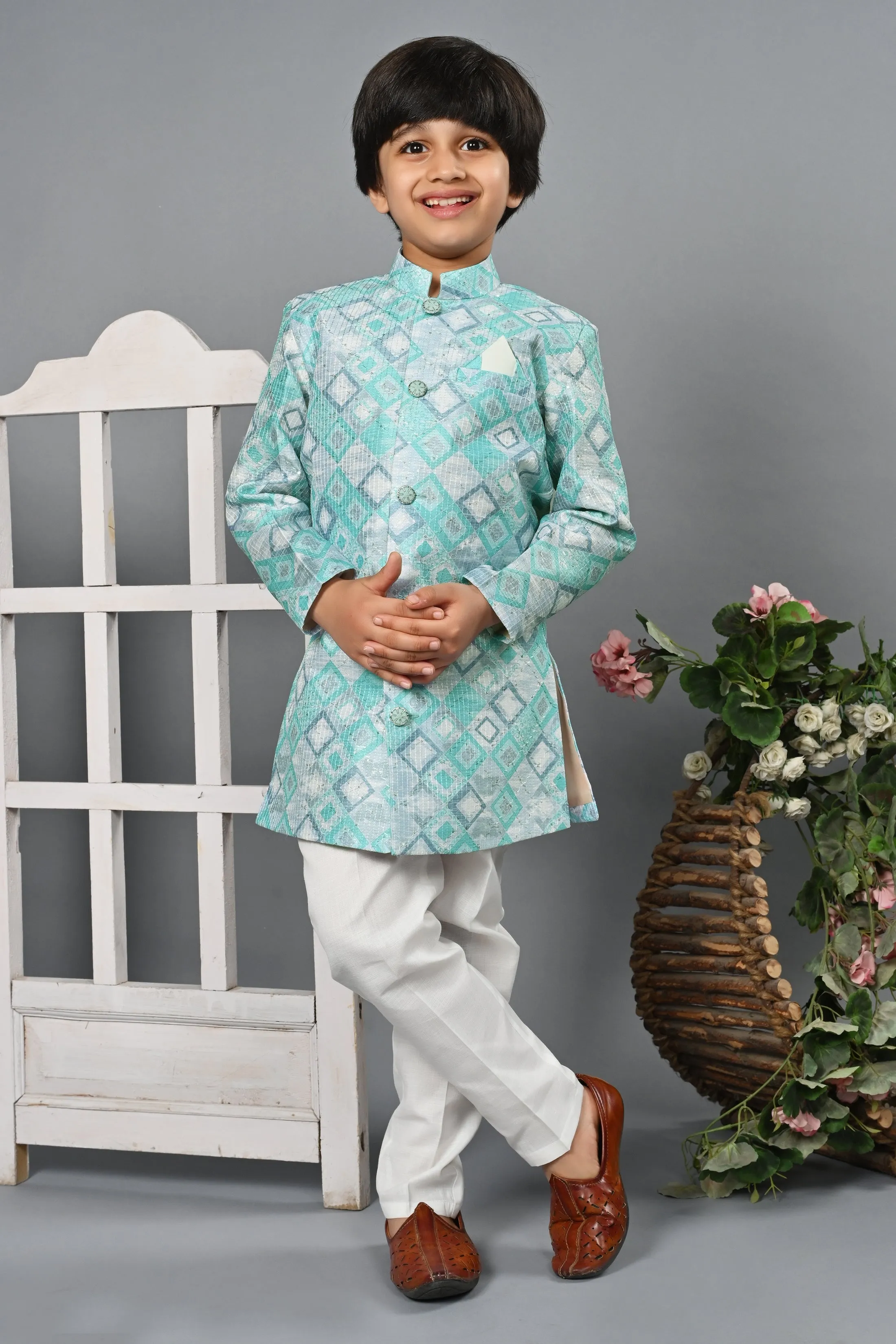 Ahhaaaa Kids Ethnic Silk Blend Indo-Western Sherwani Set For Boys