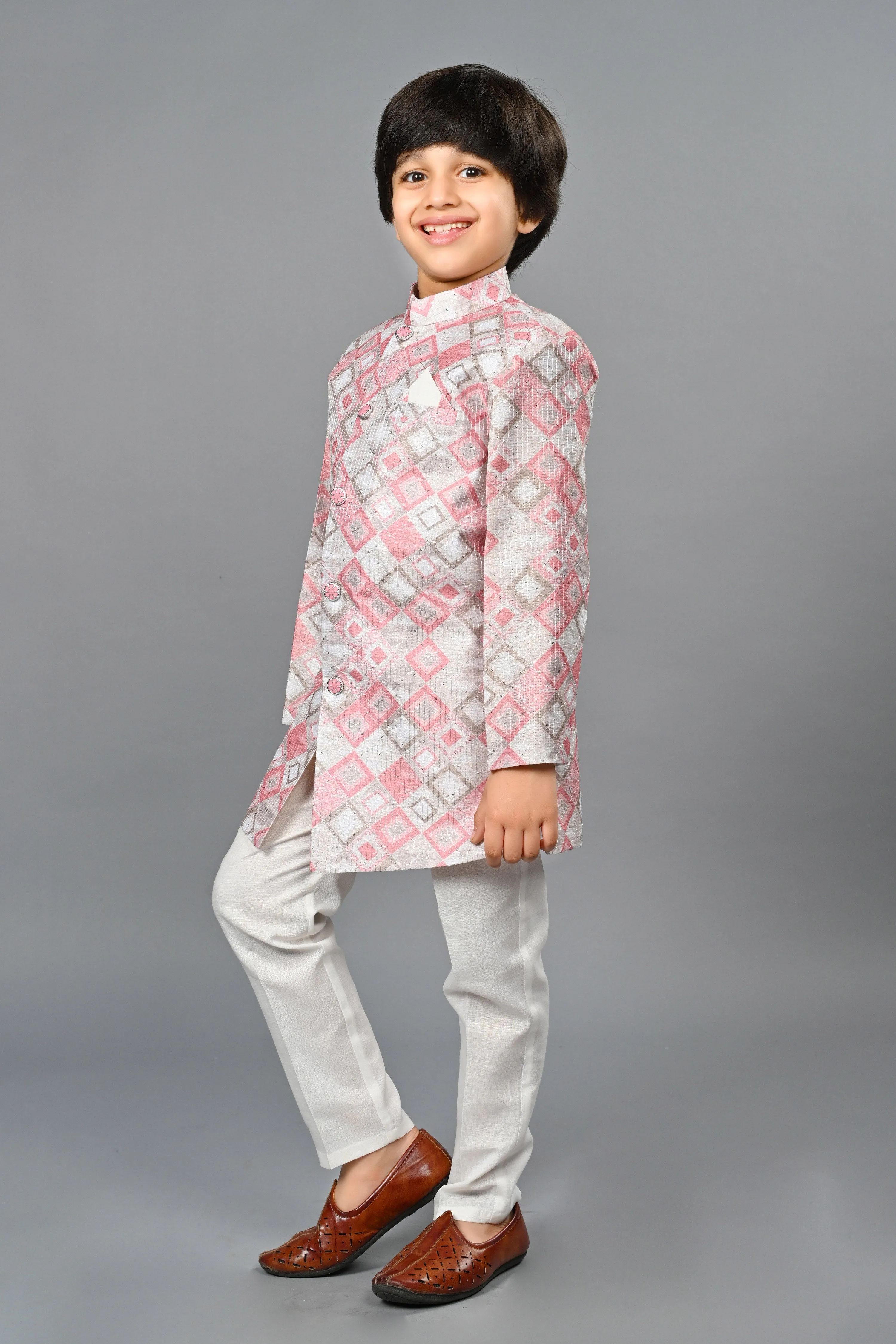 Ahhaaaa Kids Ethnic Silk Blend Indo-Western Sherwani Set For Boys