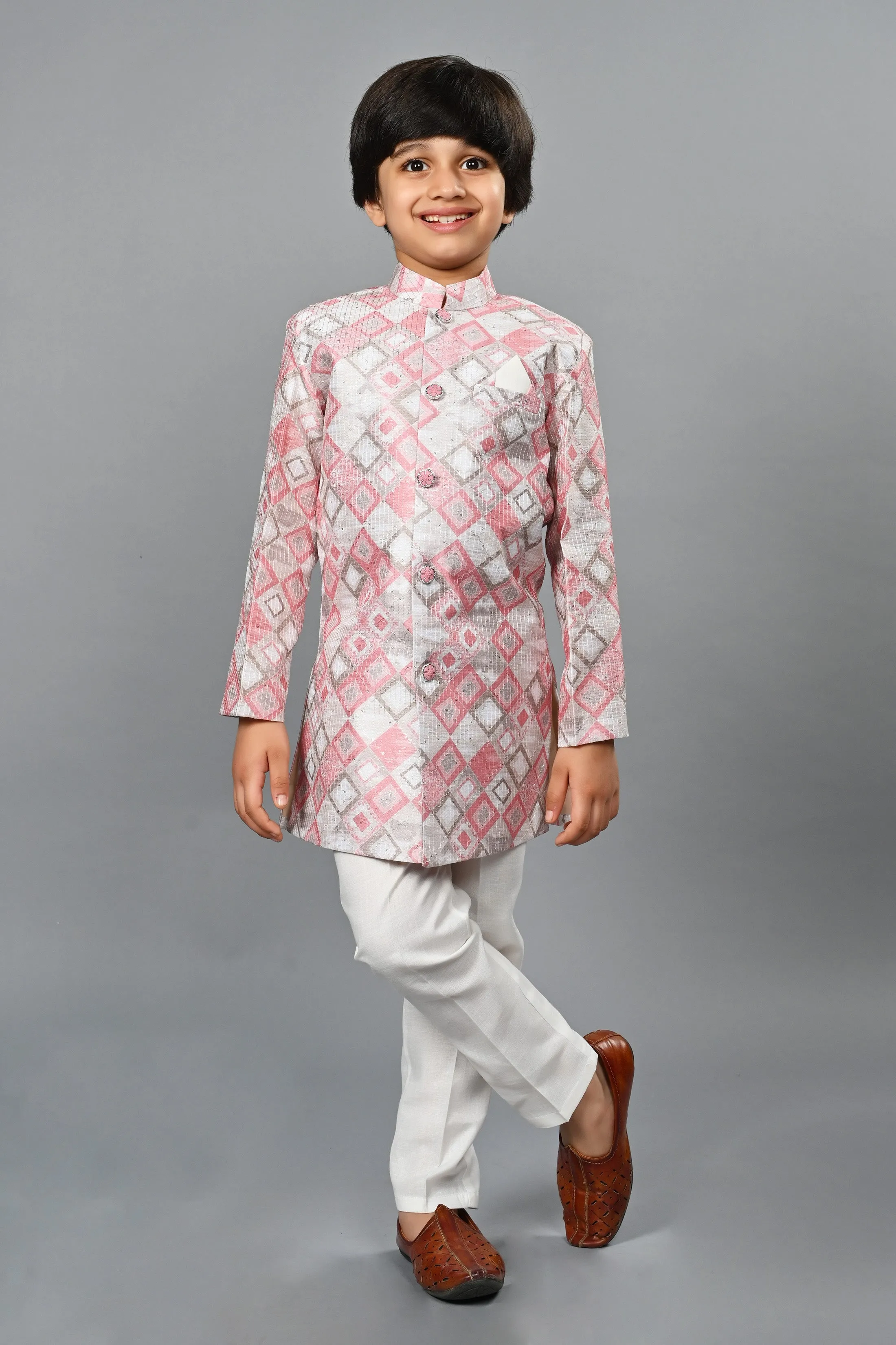 Ahhaaaa Kids Ethnic Silk Blend Indo-Western Sherwani Set For Boys