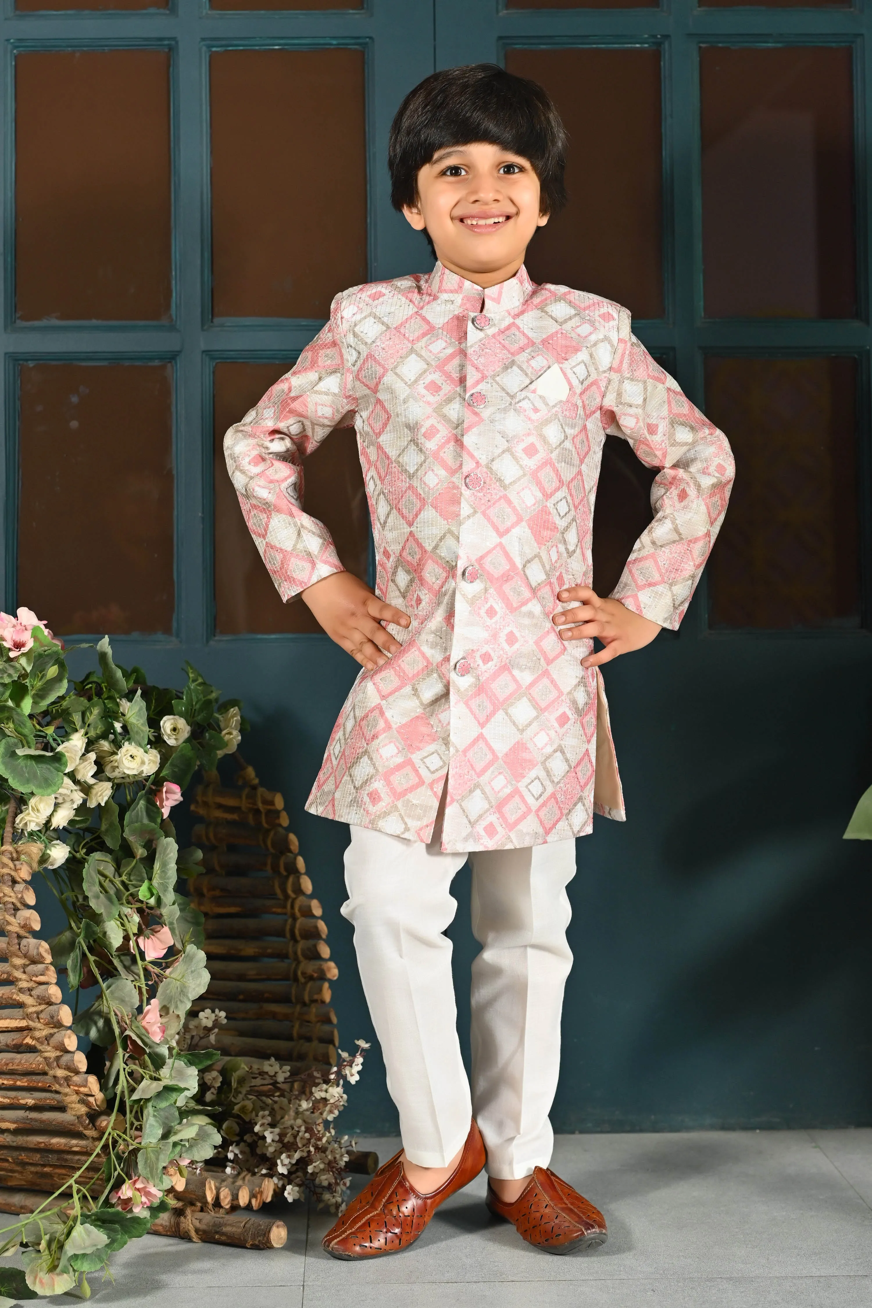 Ahhaaaa Kids Ethnic Silk Blend Indo-Western Sherwani Set For Boys