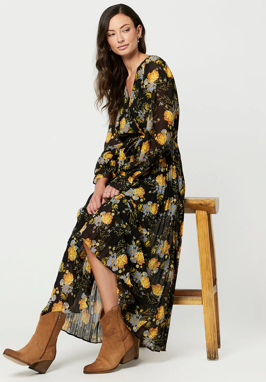 Angelique Women's Bell Sleeve Dress in Black Floral - WD0346F