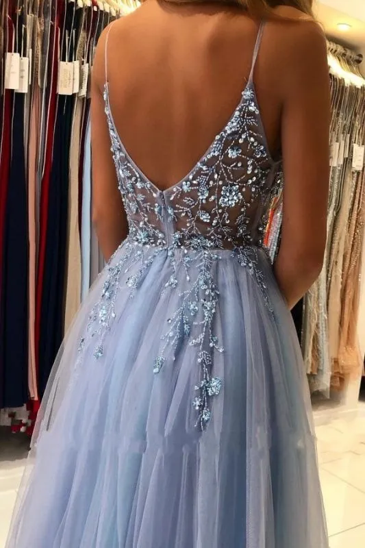 Appliques Breath-taking Sleeveless Tulle Ocean Blue Split Prom Dresses,BD2988