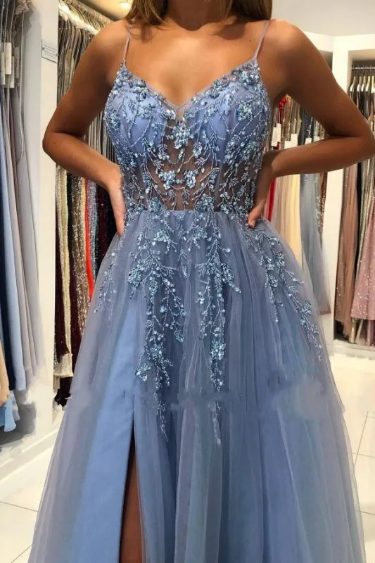 Appliques Breath-taking Sleeveless Tulle Ocean Blue Split Prom Dresses,BD2988