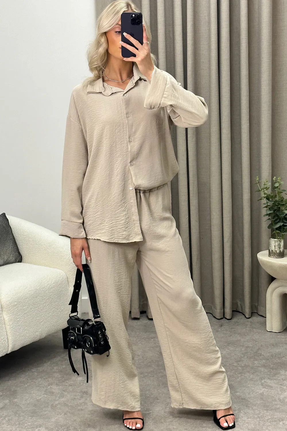 Ariana Beige Oversized Shirt and Trousers Co-Ord Set