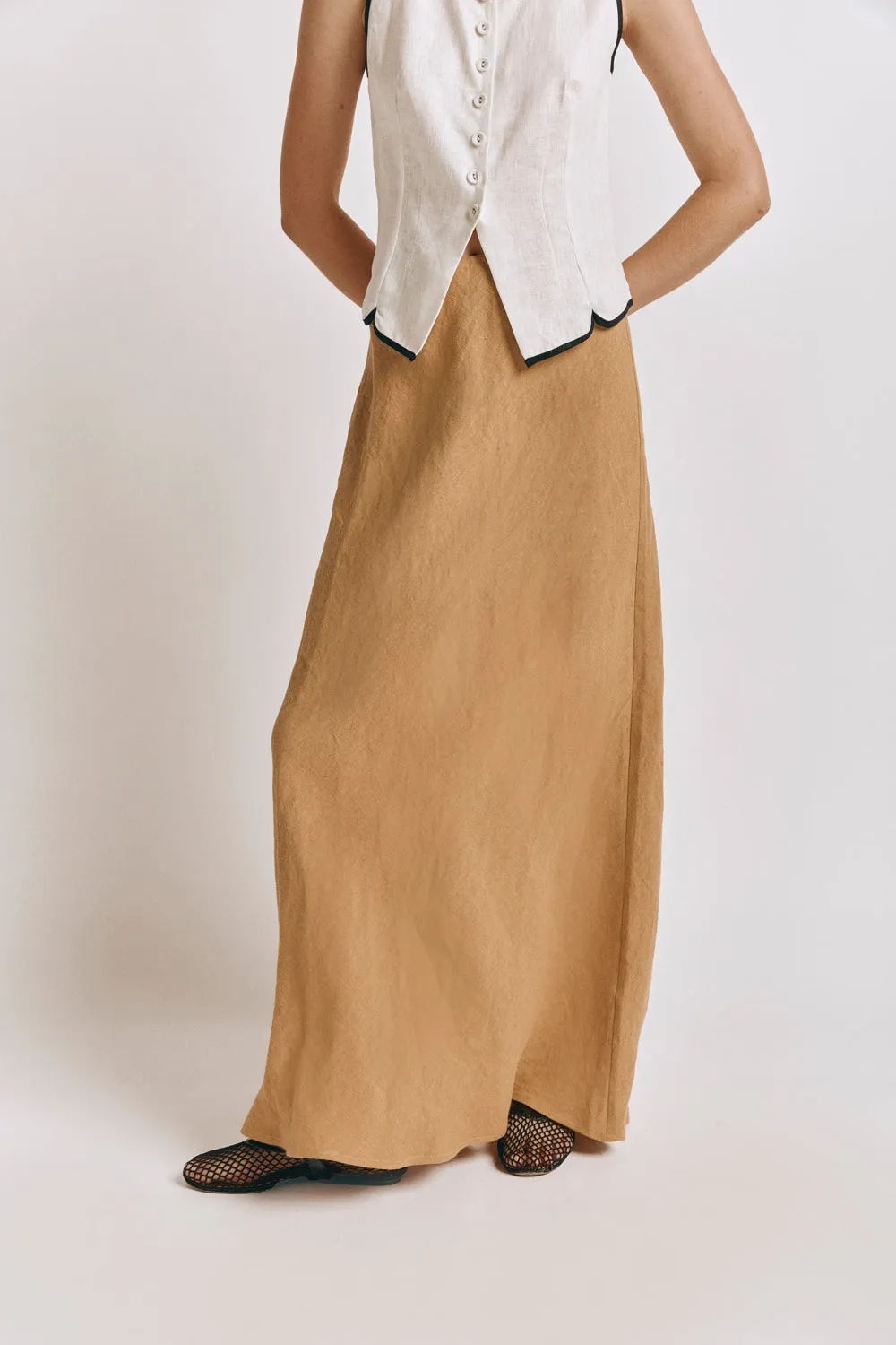 Arlia Linen Bias Cut Maxi Skirt Ochre