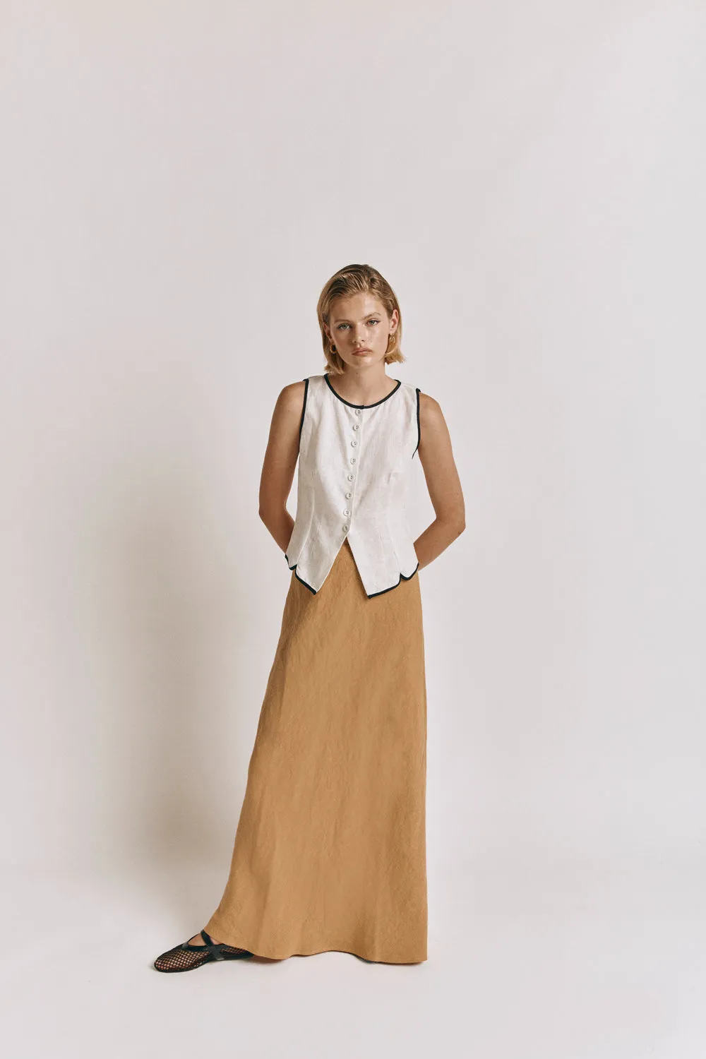 Arlia Linen Bias Cut Maxi Skirt Ochre