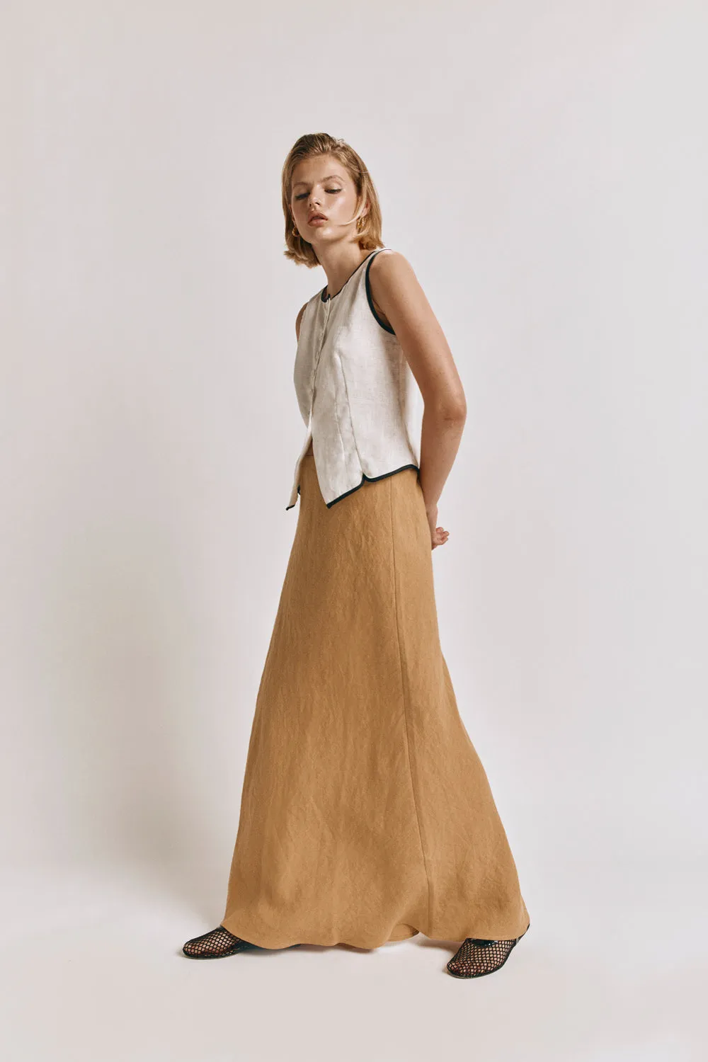 Arlia Linen Bias Cut Maxi Skirt Ochre