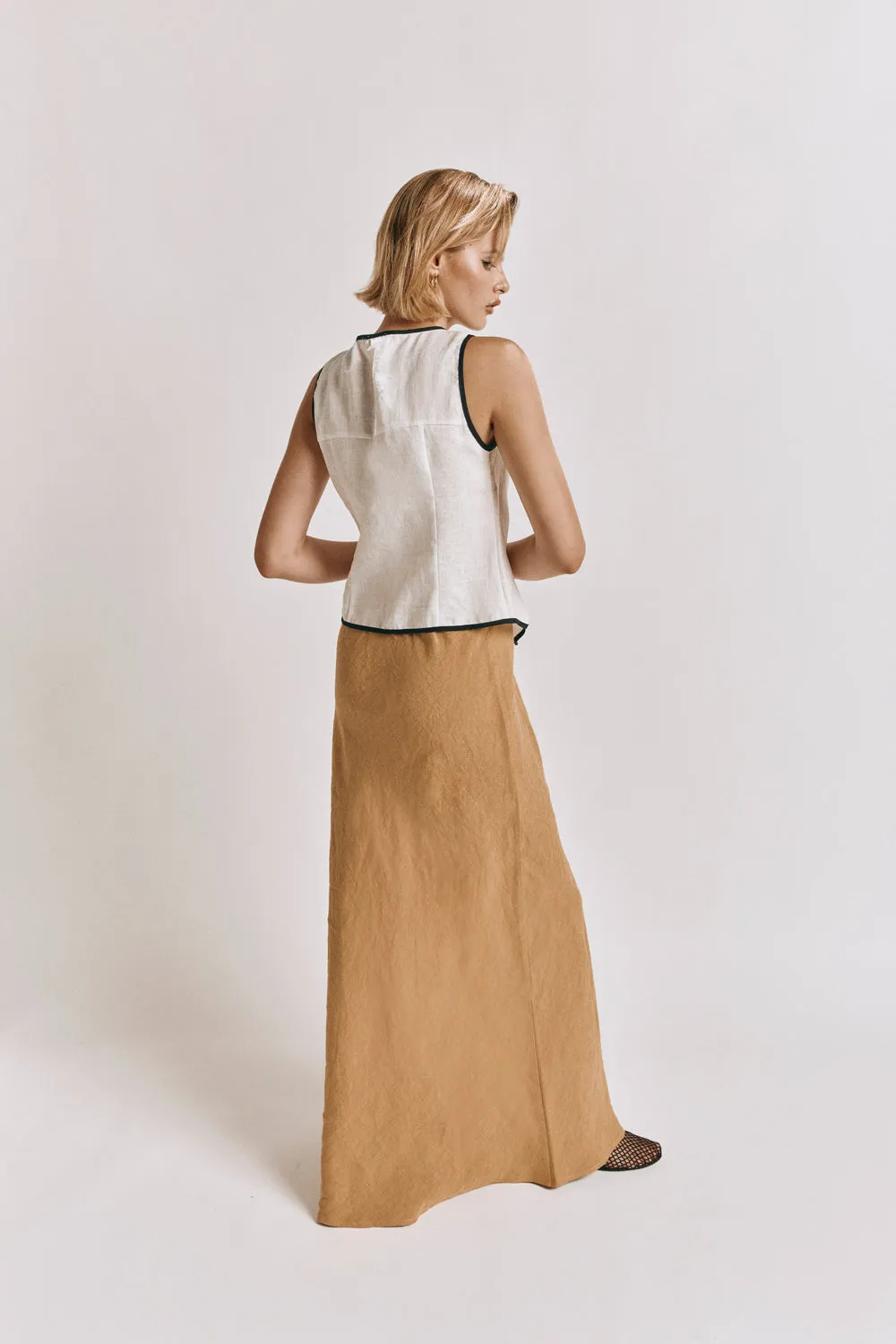 Arlia Linen Bias Cut Maxi Skirt Ochre