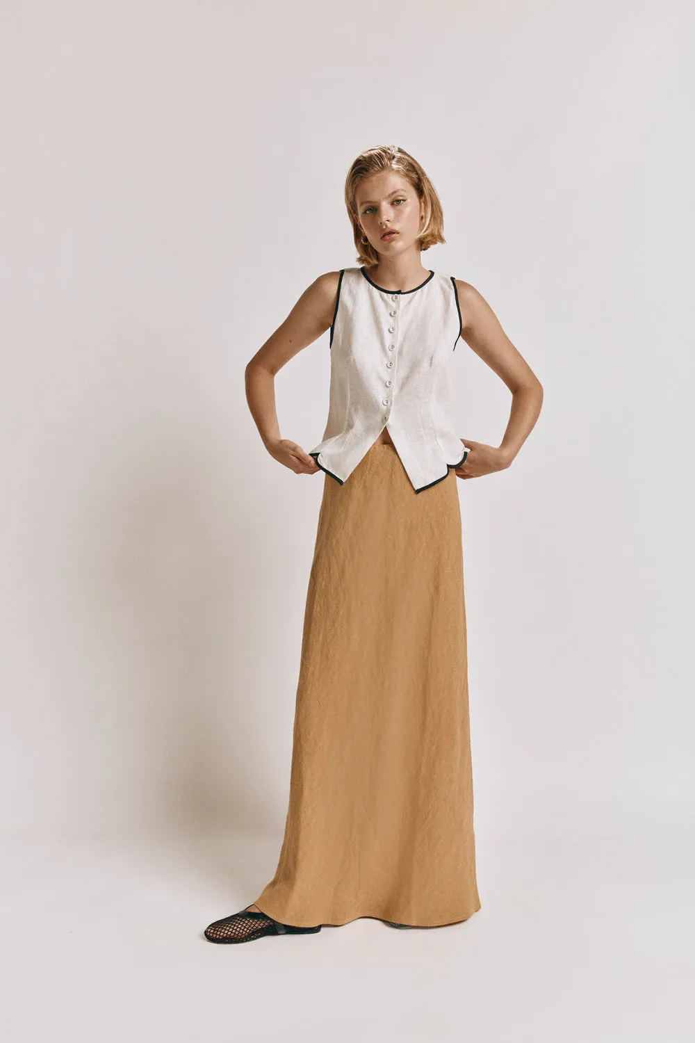 Arlia Linen Bias Cut Maxi Skirt Ochre