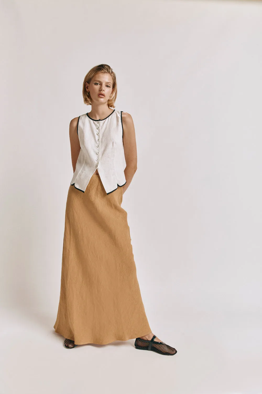 Arlia Linen Bias Cut Maxi Skirt Ochre