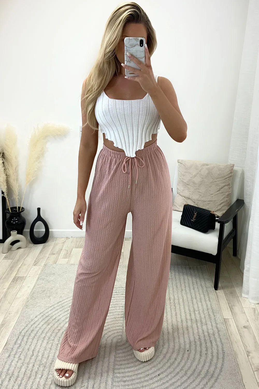 Ashleen Rose Textured High Waisted Drawstring Wide Leg Trousers