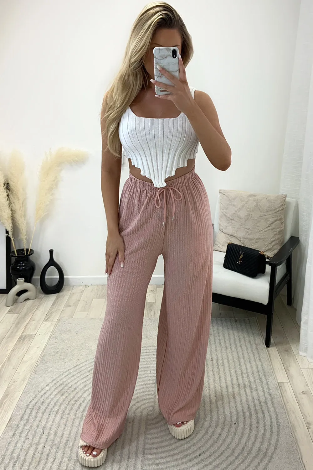 Ashleen Rose Textured High Waisted Drawstring Wide Leg Trousers