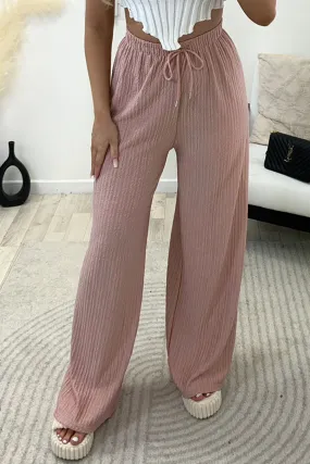 Ashleen Rose Textured High Waisted Drawstring Wide Leg Trousers