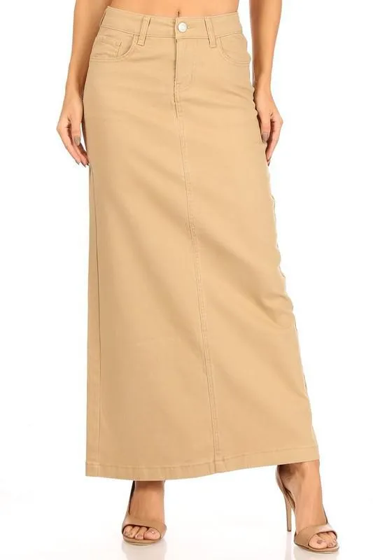 Ava Long Color Denim Skirt (Khaki) - FINAL SALE