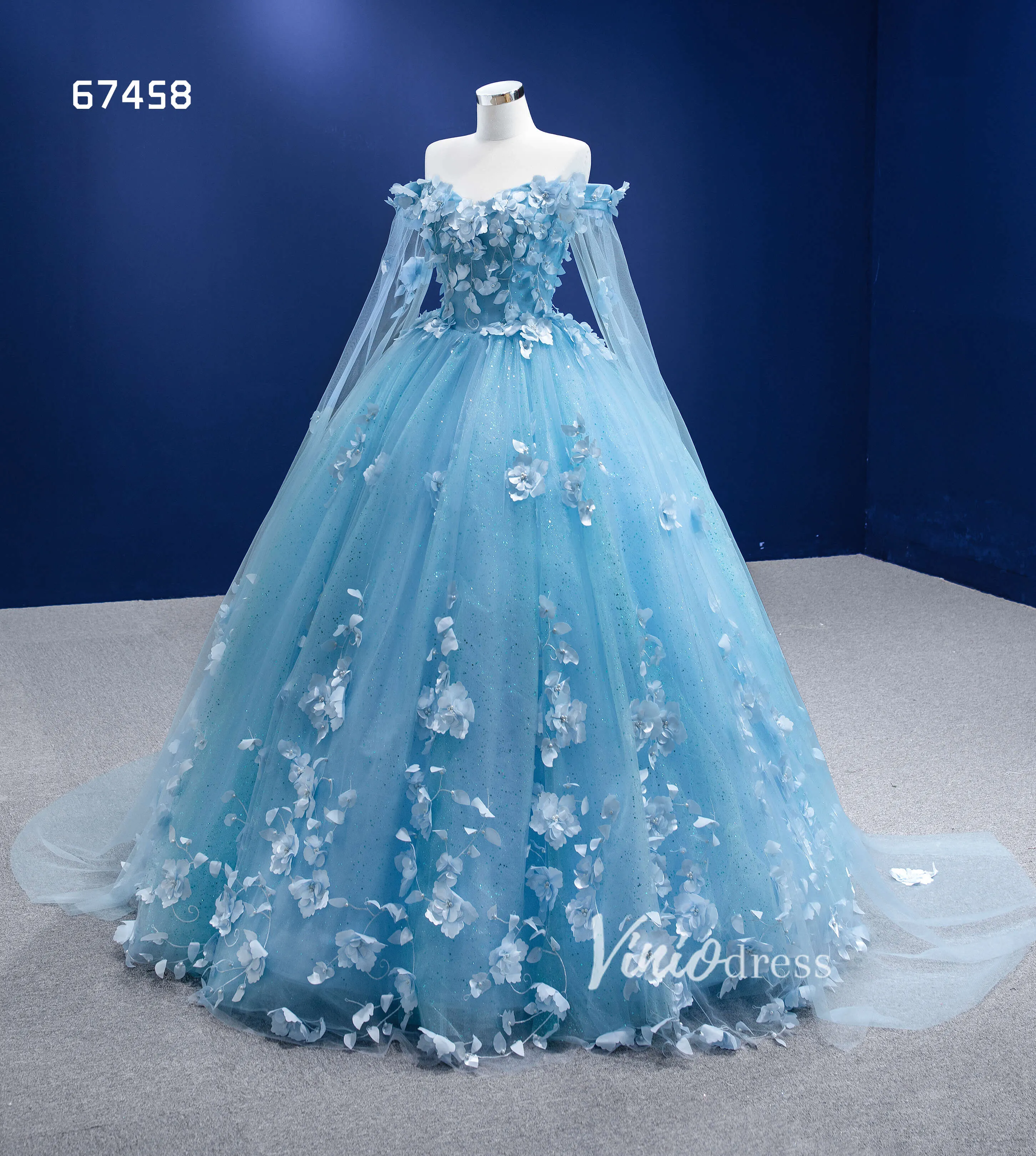 Baby Blue Flower Quince Dresses Princess Ball Gown with Cape 67458